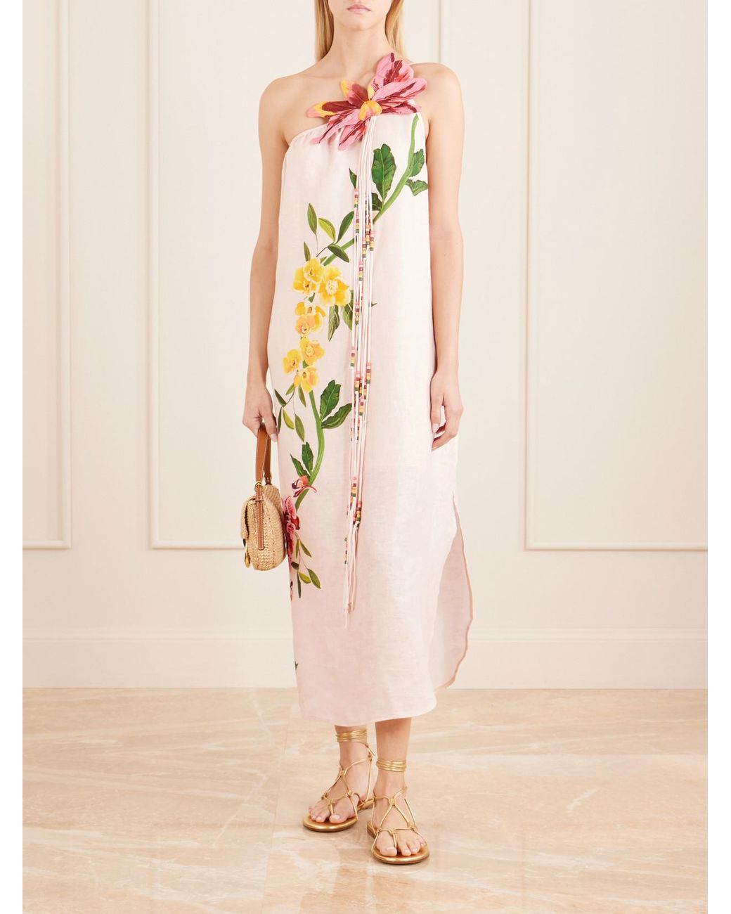 Farm Rio White Garden Terrace Floral-Print Bead-Embellished Linen Maxi Dress