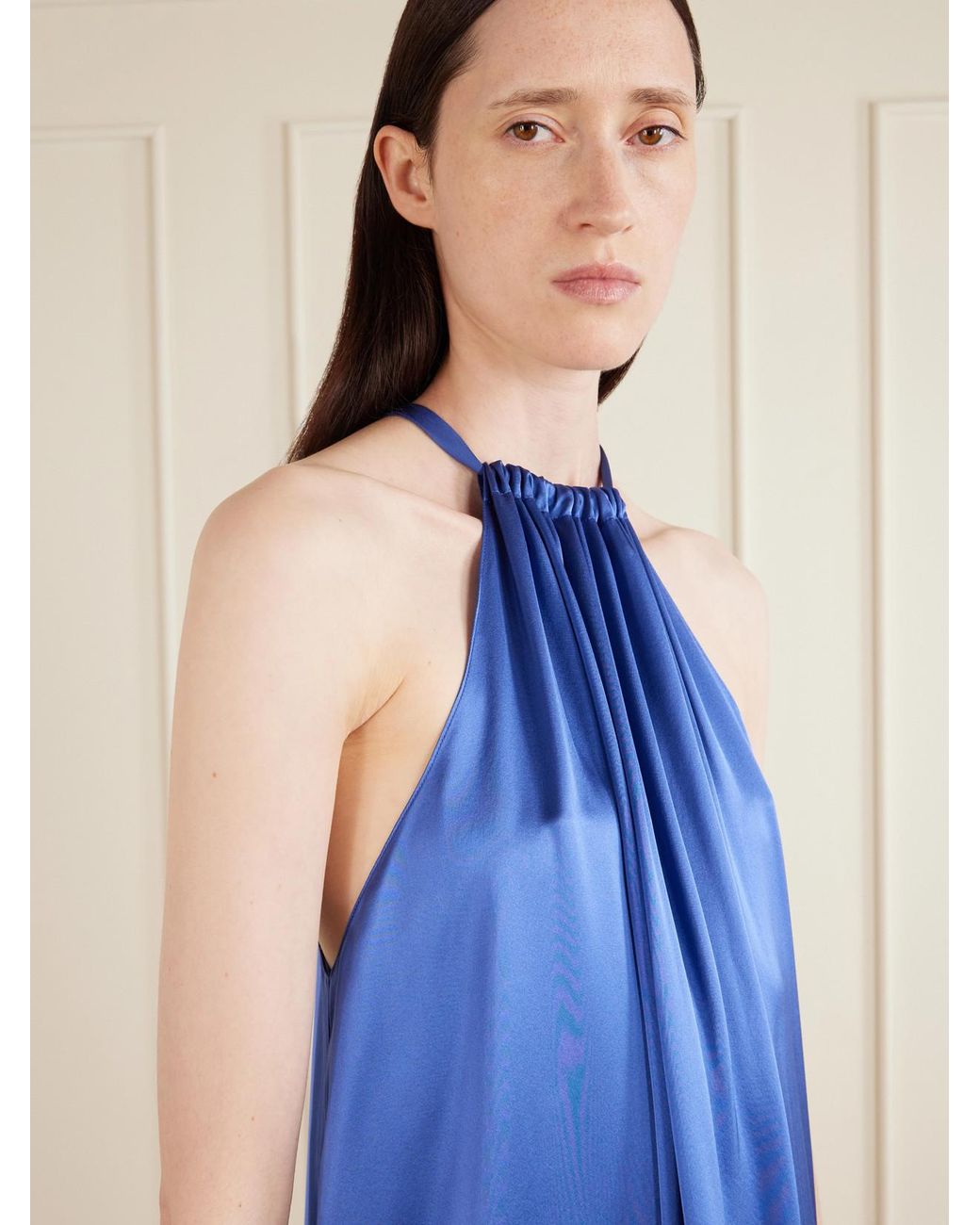 Aflalo Blue Bexley Gathered Silk-Satin Halterneck Mini Dress
