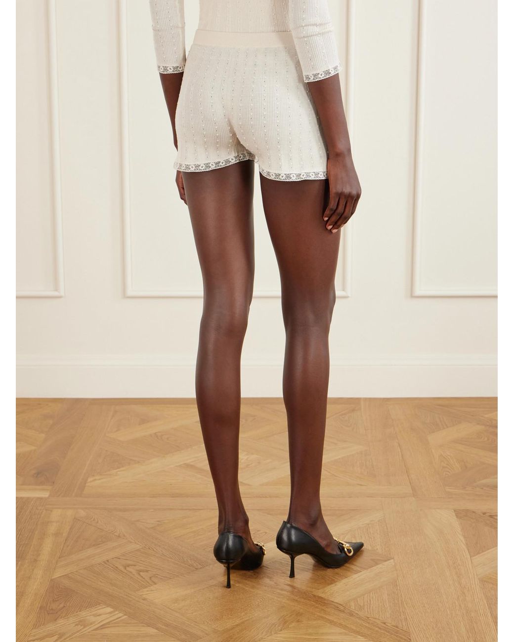 Gucci Natural Lace-Trimmed Pointelle-Knit Wool Mini Shorts