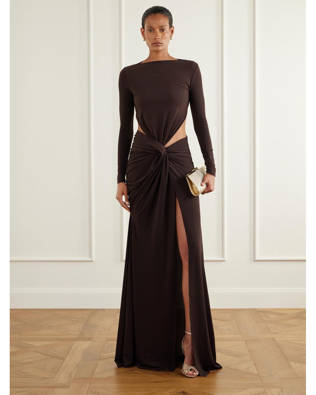 Alex Perry Brown Cut-Out Gathered Crepe Gown
