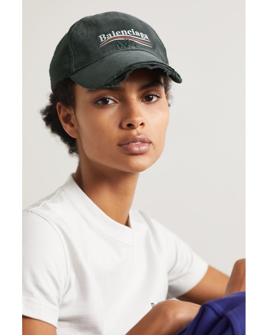 Balenciaga Distressed Embroidered Cotton-twill Baseball Cap in Black | Lyst