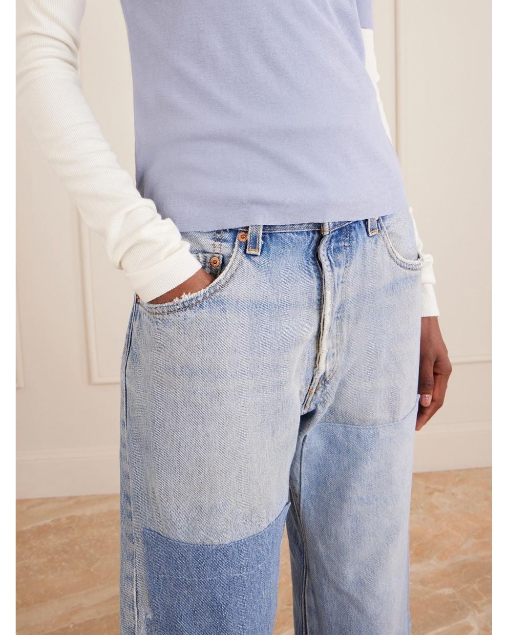 B Sides Blue Vintage Patchwork No.2 Low-Rise Straight-Leg Jeans