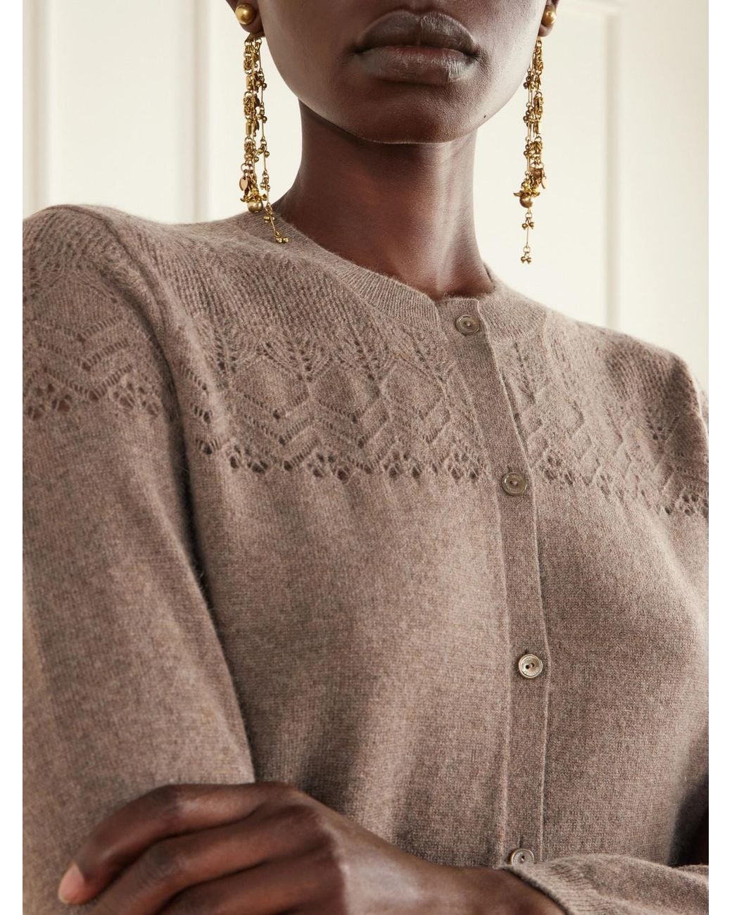 Ulla Johnson Brown Cassia Pointelle-Knit Cashmere Cardigan