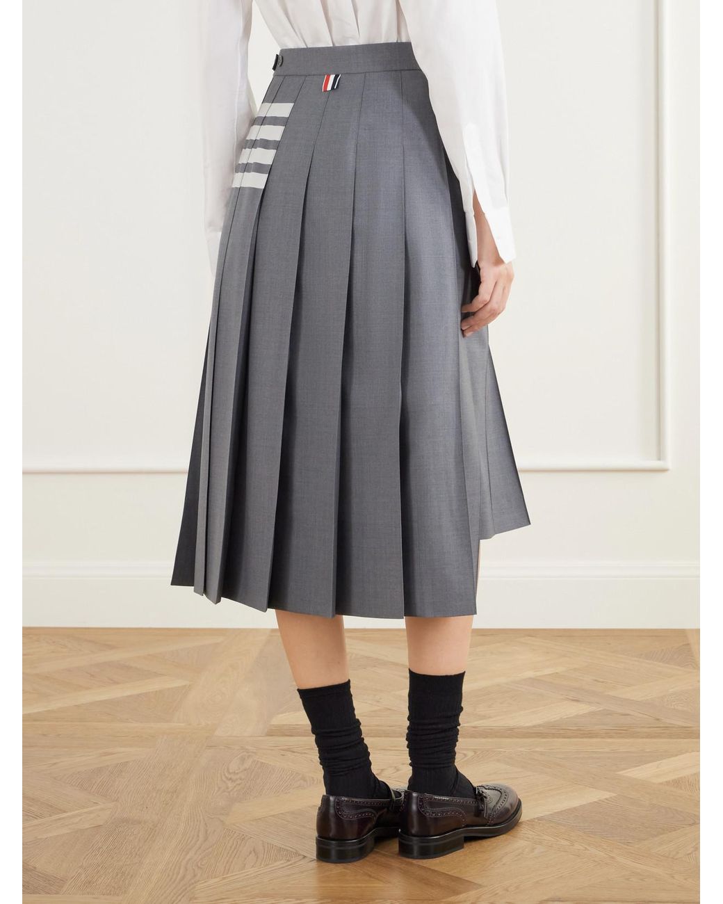 Thom Browne Blue Pleated 4-Bar Woven Wool Midi-Skirt