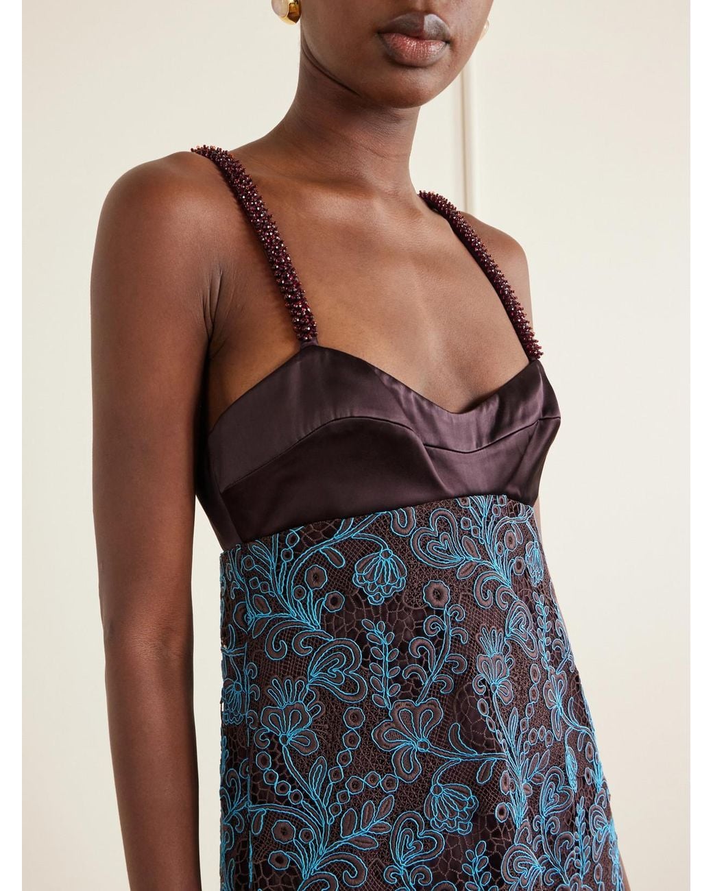 ALÉMAIS Blue Francine Bead-Embellished Satin-Trimmed Guipure Lace Midi Dress
