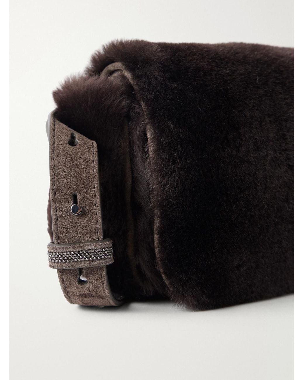 Brunello Cucinelli Black Bead-Embellished Suede-Trimmed Shearling Clutch Bag