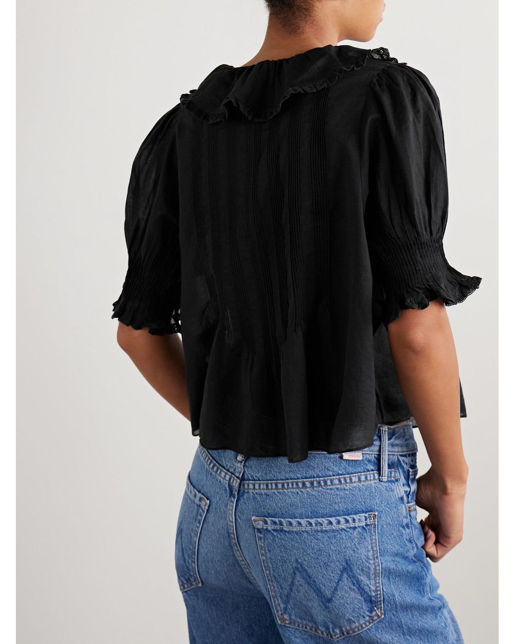 Doen Black Henri Ruffled Pintucked Organic Cotton-Voile Top