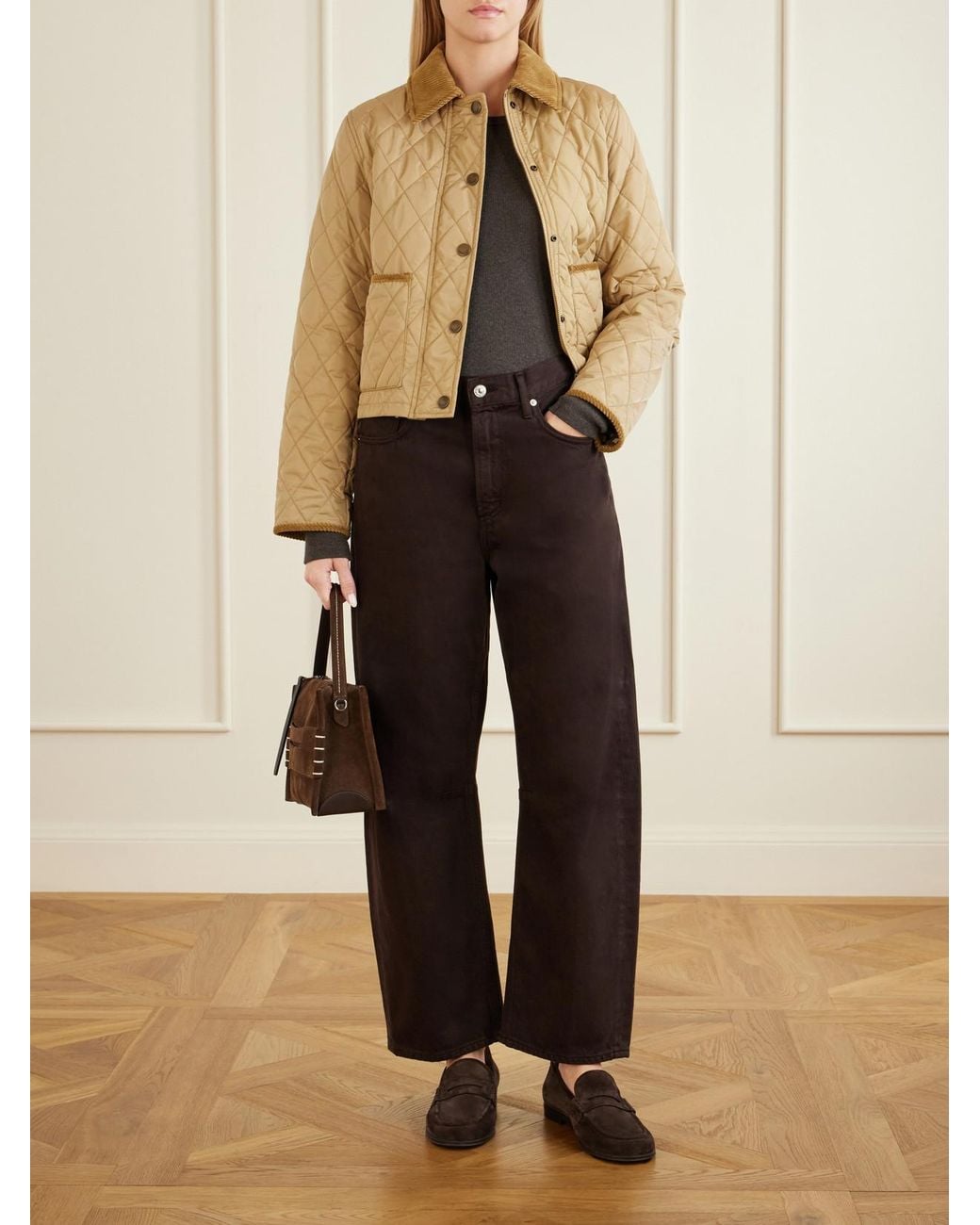 Burberry Natural Cropped Corduroy-Trimmed Quilted Shell Jacket
