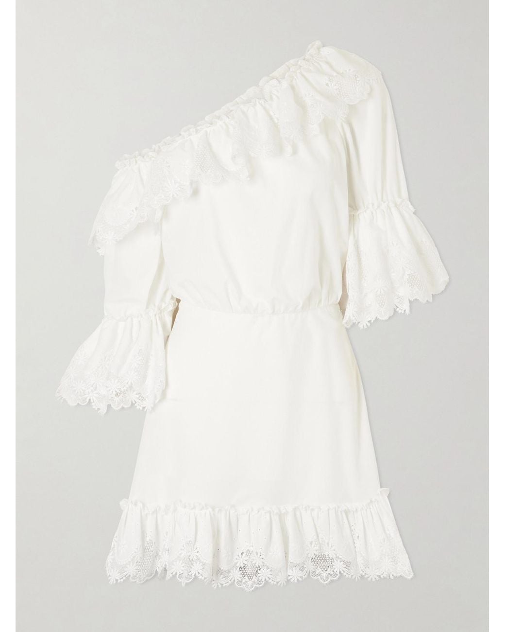 Saint Laurent Natural One-Shoulder Guipure-Lace Trimmed Cotton-Poplin Mini Dress
