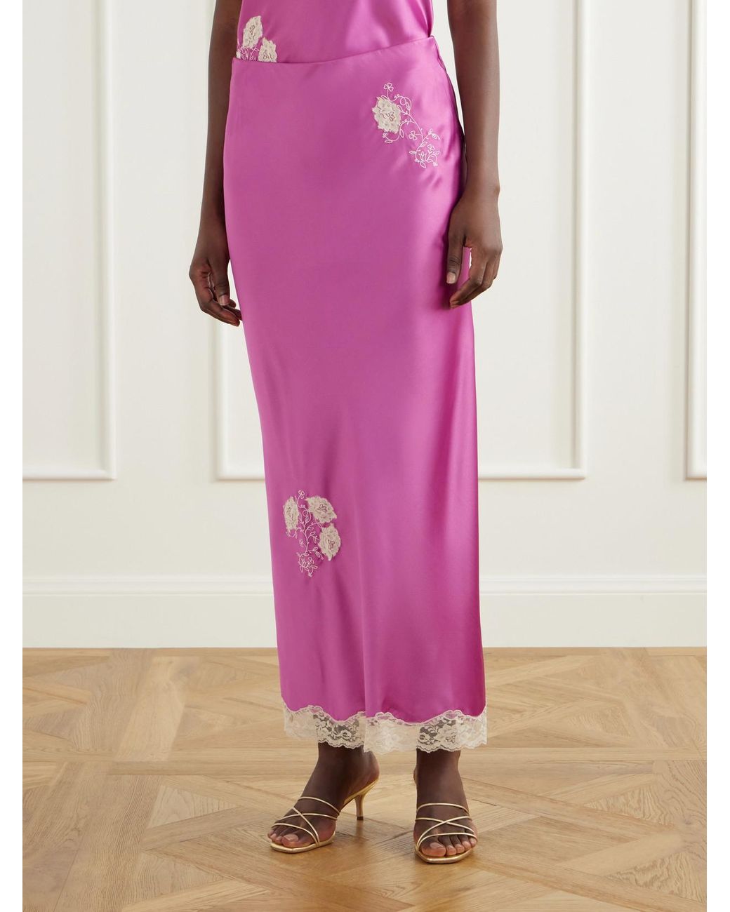 Anna Sui Pink Lace-Trimmed Embroidered Satin Maxi Skirt