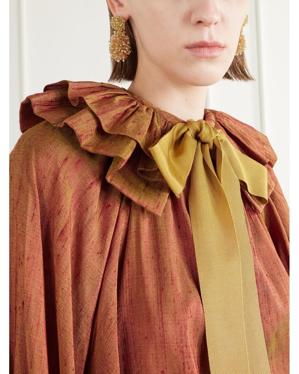 Christopher John Rogers Orange Pussy-Bow Ruffled-Collar Gathered Silk-Dupioni Blouse