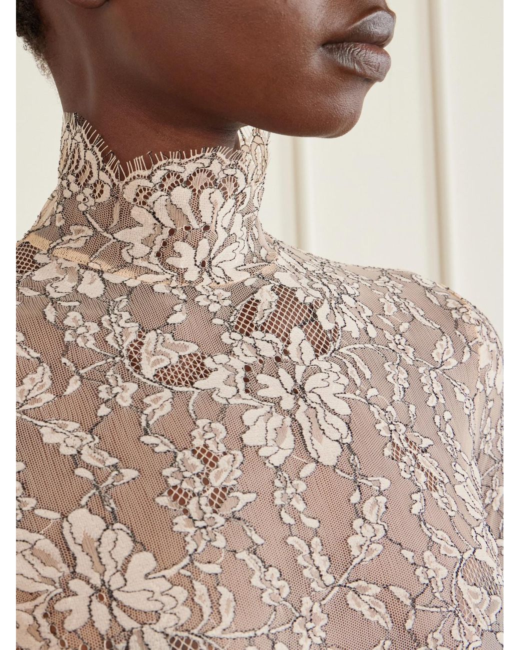Valentino Garavani Natural Scalloped Lace-Jersey Bodysuit