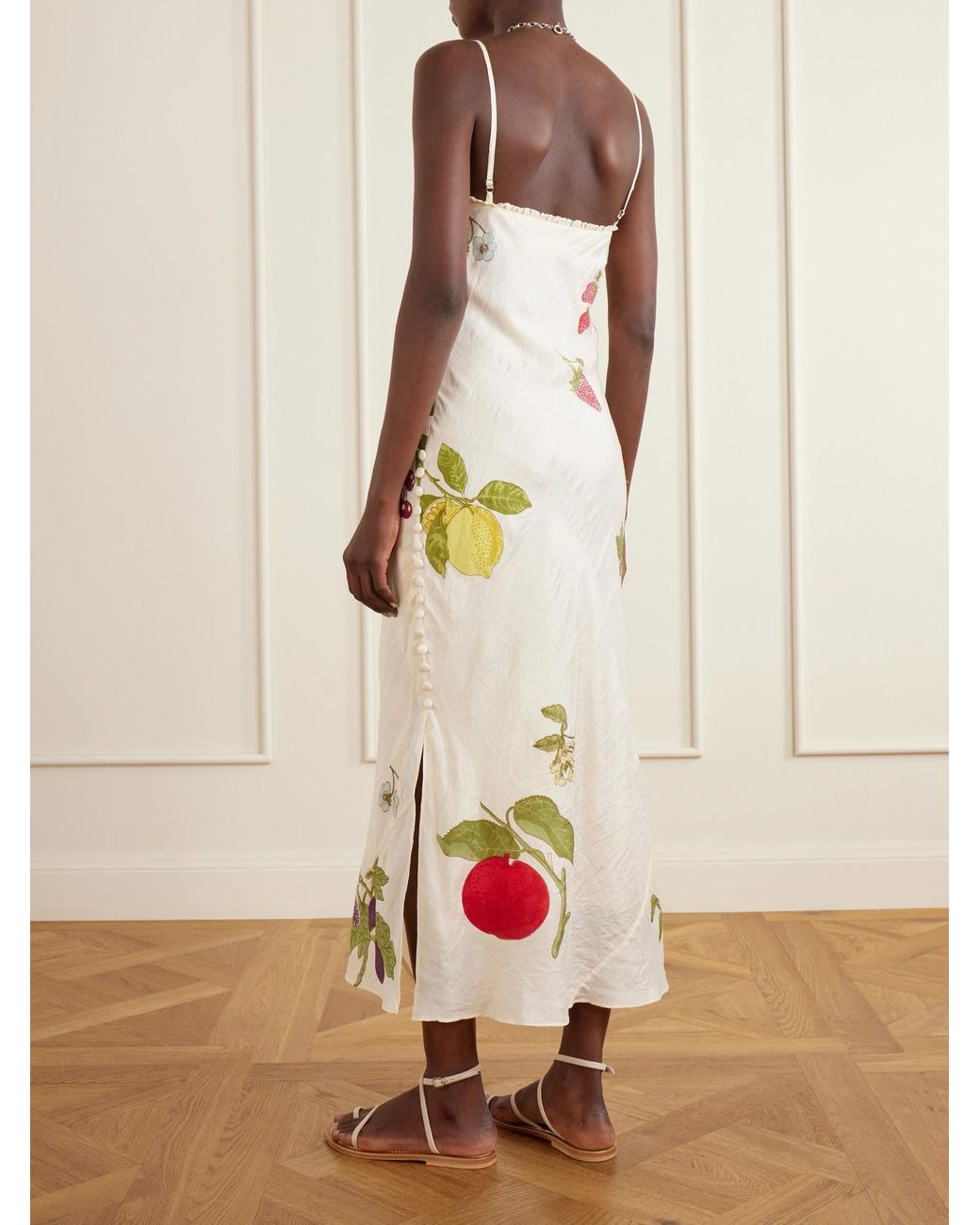 Alix Of Bohemia Natural Athens Nine Fruit Printed Silk Midi Dress
