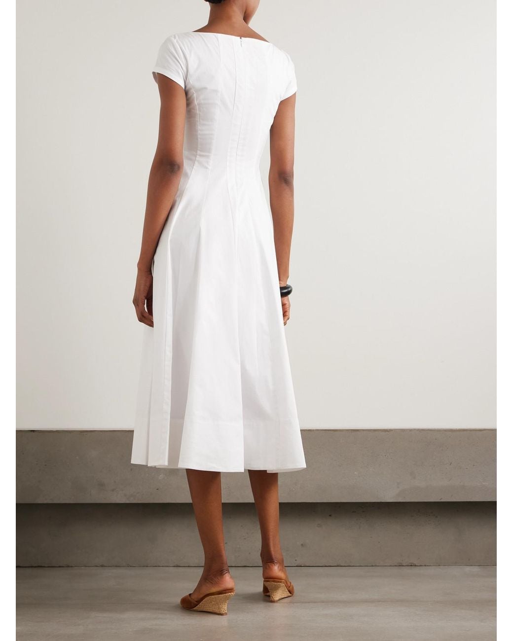 Staud White Wells Pleated Cotton-Blend Poplin Midi Dress