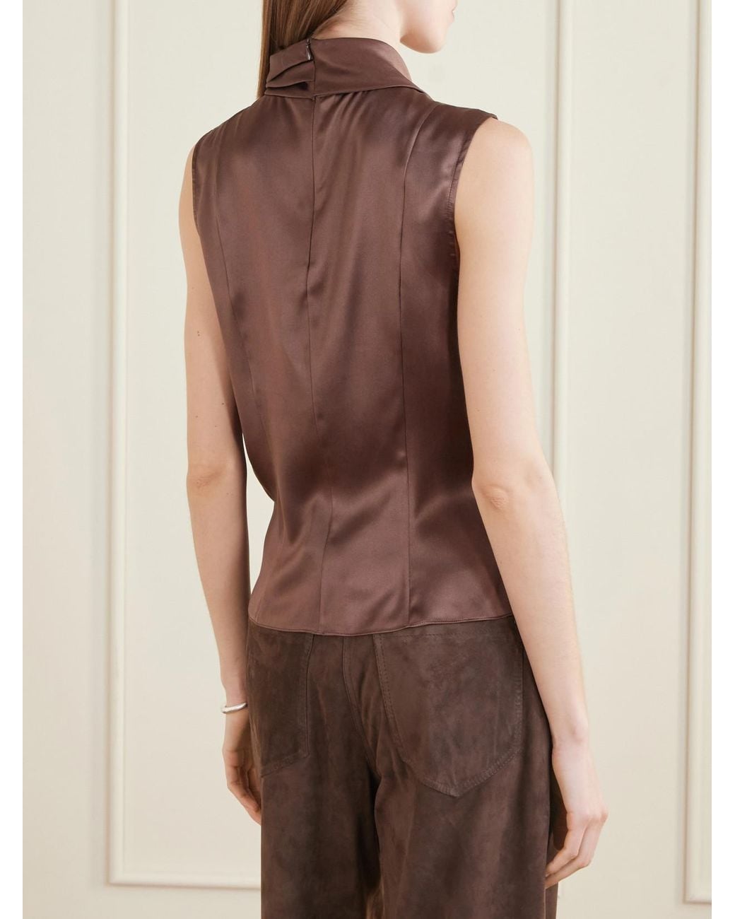 Brunello Cucinelli Brown Wrap-Effect Sleeveless Draped Silk-Blend Satin Blouse