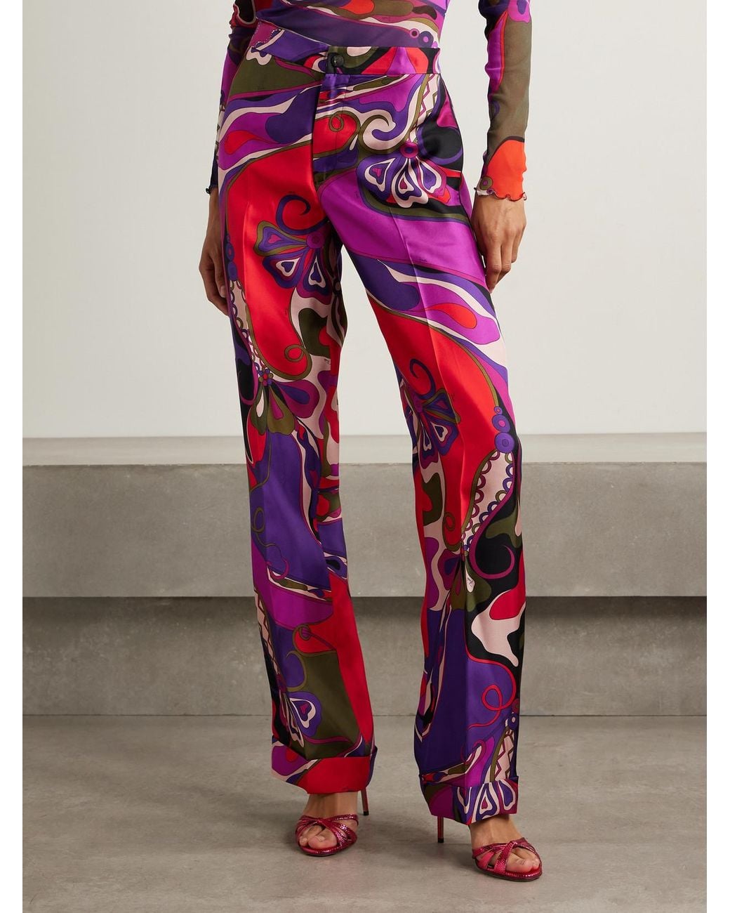 Emilio Pucci Multicolor Orchidee Printed Silk-Twill Straight-Leg Pants