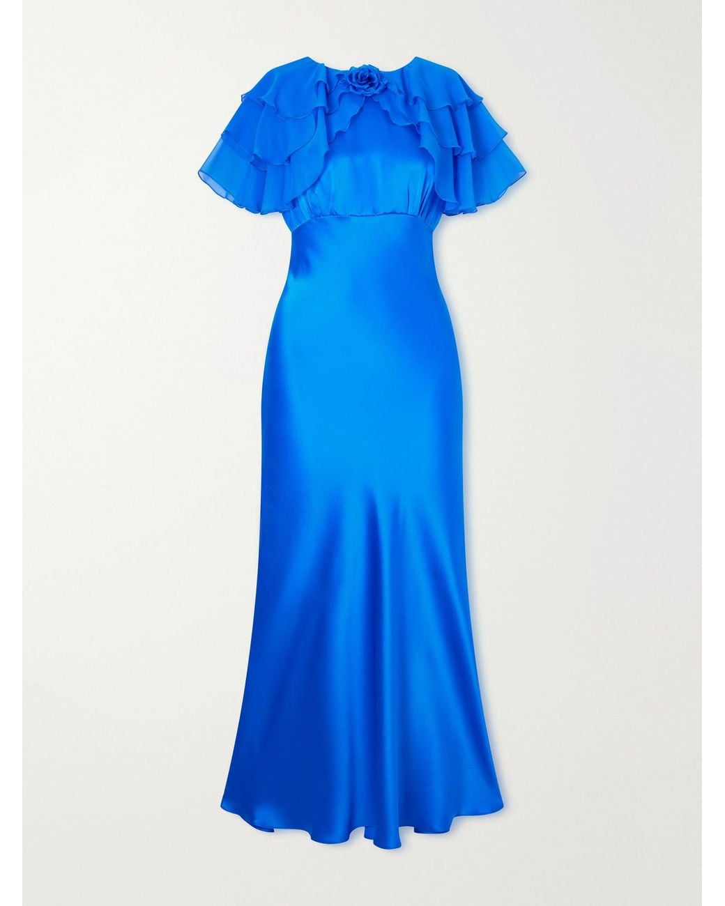 Rodarte Blue Ruffled Cape-Effect Floral-Appliquéd Silk-Satin Midi Dress