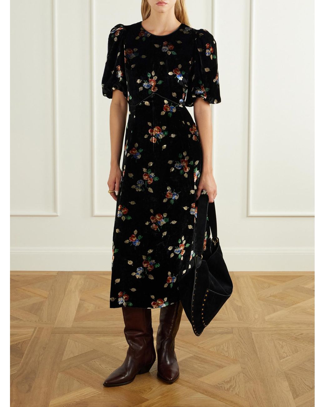 Sea Black Leda Floral-Patterned Velvet Midi Dress