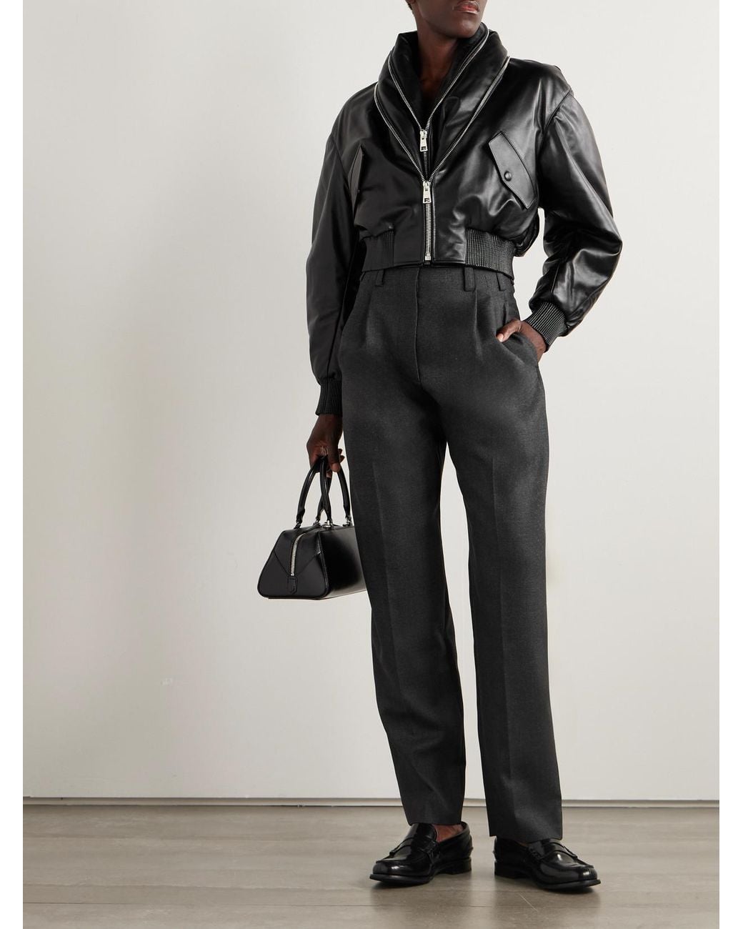 Givenchy Black Cropped Layered Leather Bomber Jacket