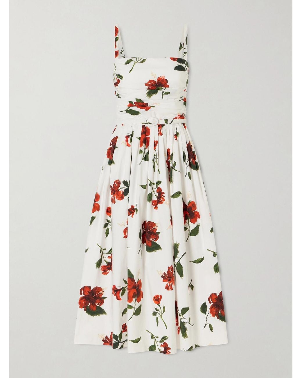 Oscar de la Renta White Belted Pleated Floral-Print Cotton-Blend Poplin Midi Dress