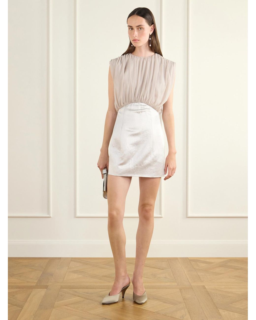 Abadia White Gilda Draped Satin And Crepe Mini Dress