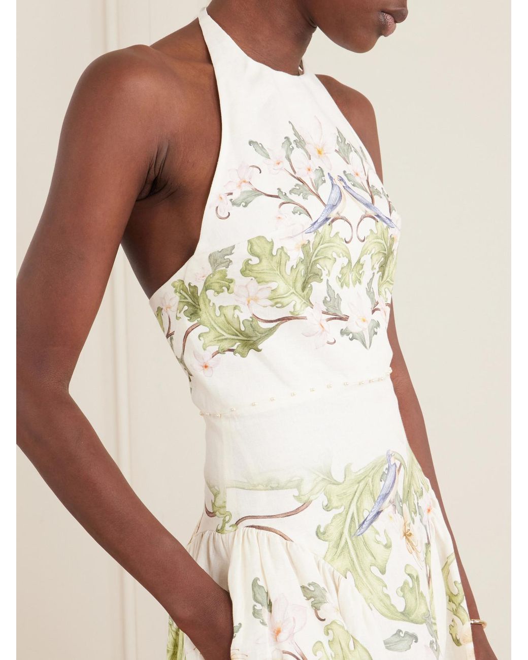 Agua Bendita White Balsa Anhelo Embellished Printed Halterneck Linen Maxi Dress