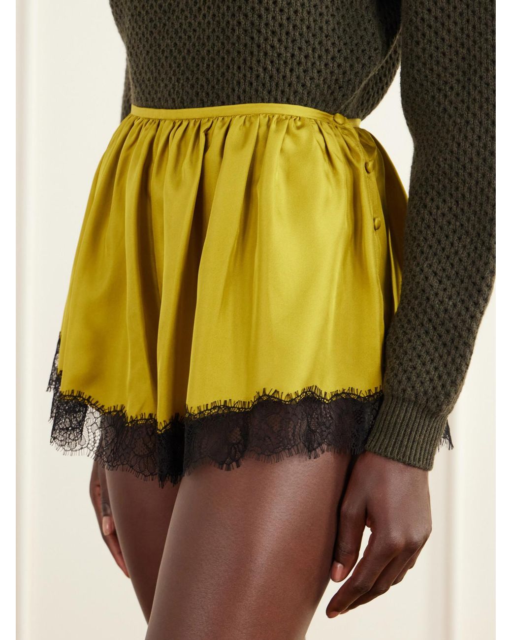 Ulla Johnson Yellow Georgina Chantilly Lace-Trimmed Silk-Twill Shorts
