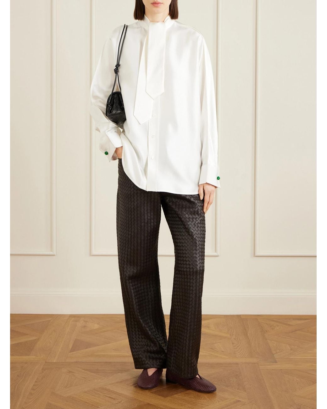 Bottega Veneta White Tie-Detailed Silk-Satin Shirt