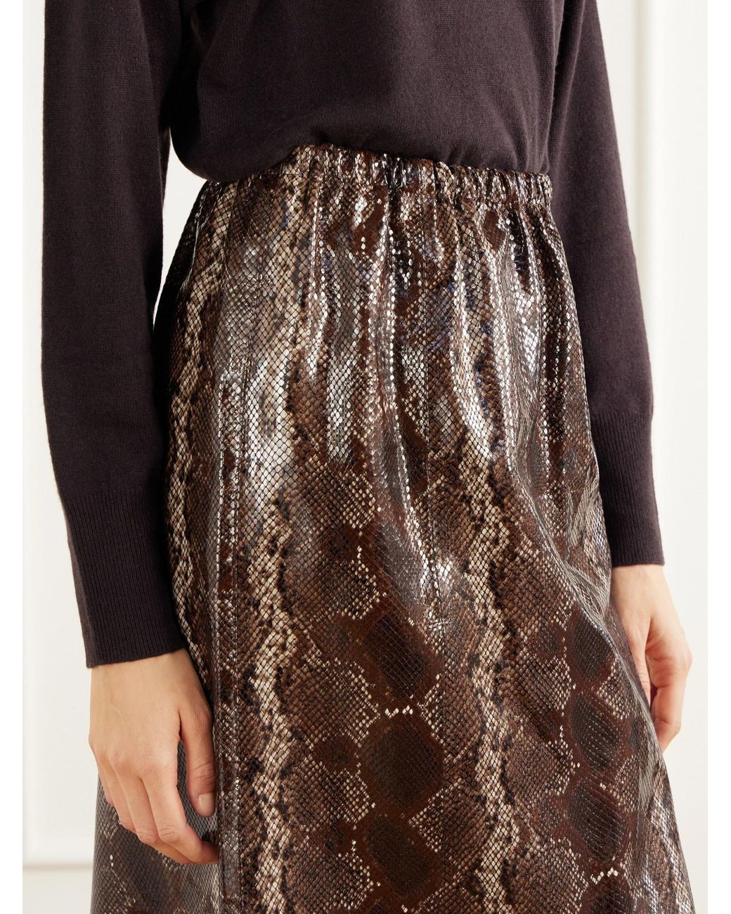Nour Hammour Brown Sabella Gathered Snake-Effect Patent-Leather Midi Skirt