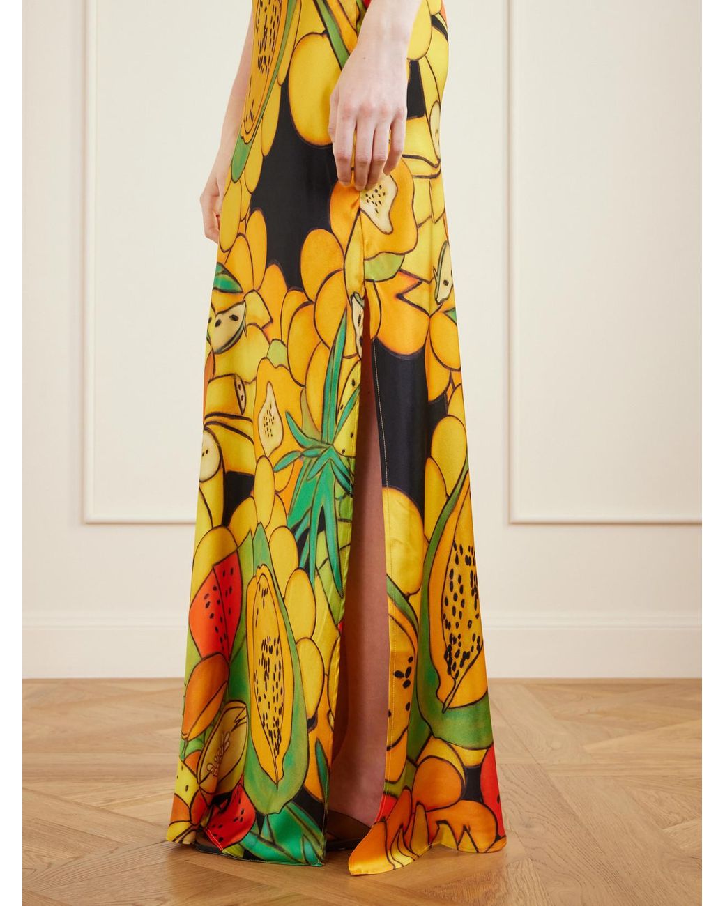 Donde Esteban White Frutas Printed Silk-Blend Satin Maxi Dress