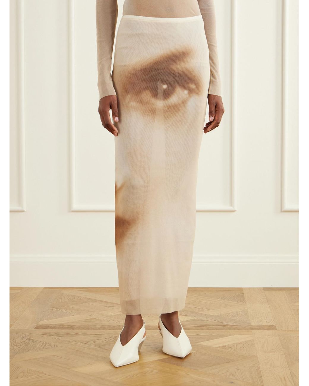 Jean Paul Gaultier Natural Face Printed Mesh Maxi Skirt