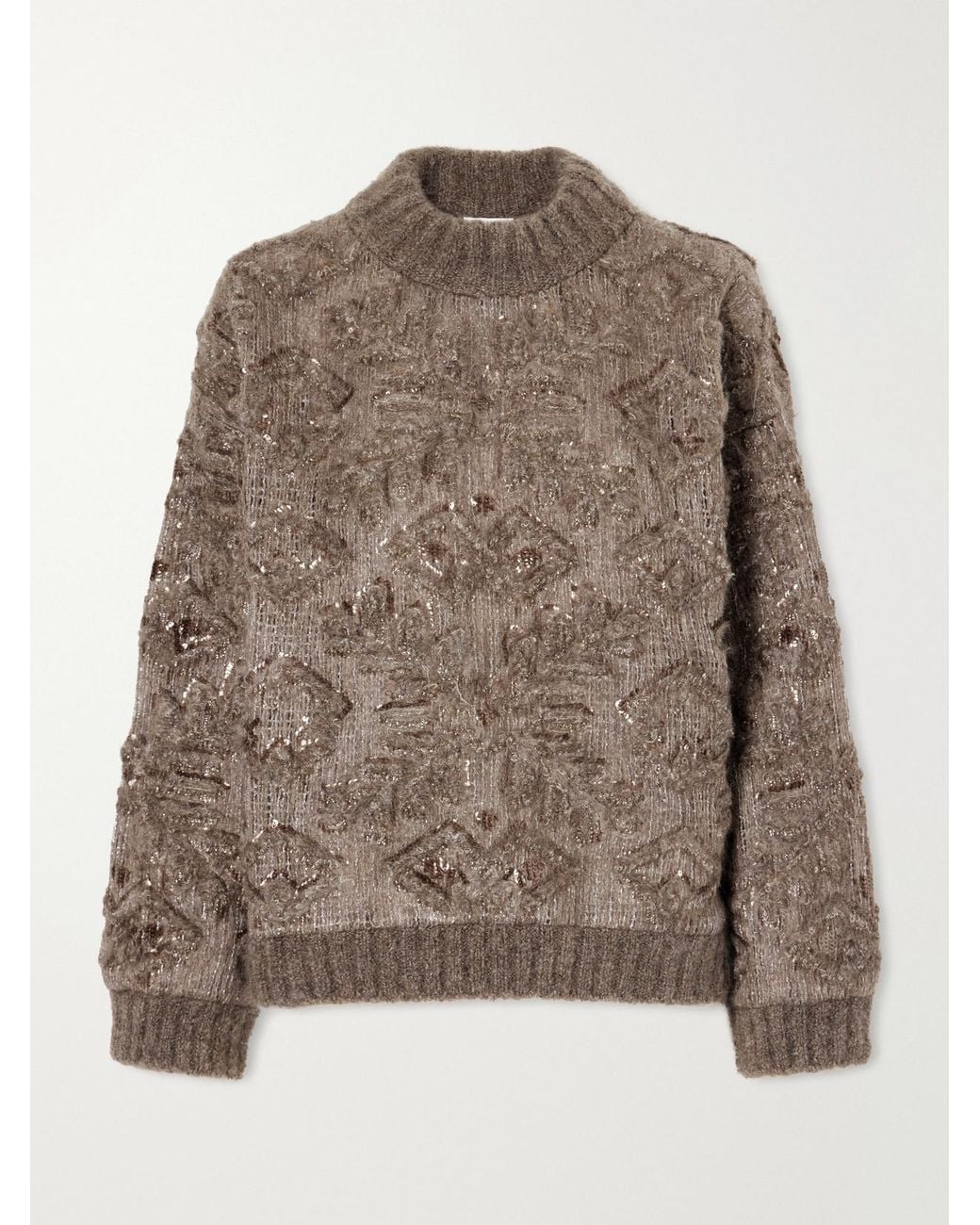 Brunello Cucinelli Brown Sequin-Embellished Jacquard Sweater