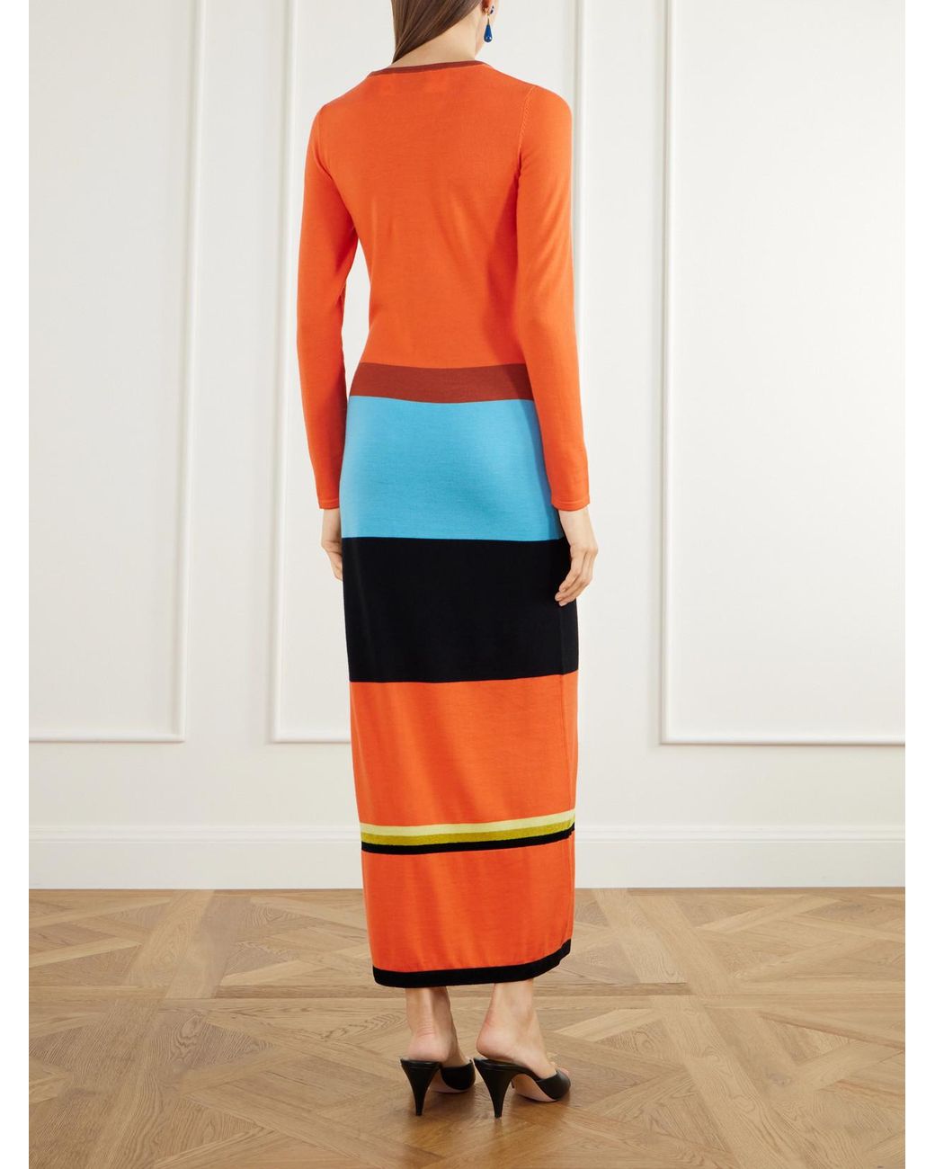 Christopher John Rogers Orange Striped Intarsia-Knit Merino Wool And Silk-Blend Maxi Dress