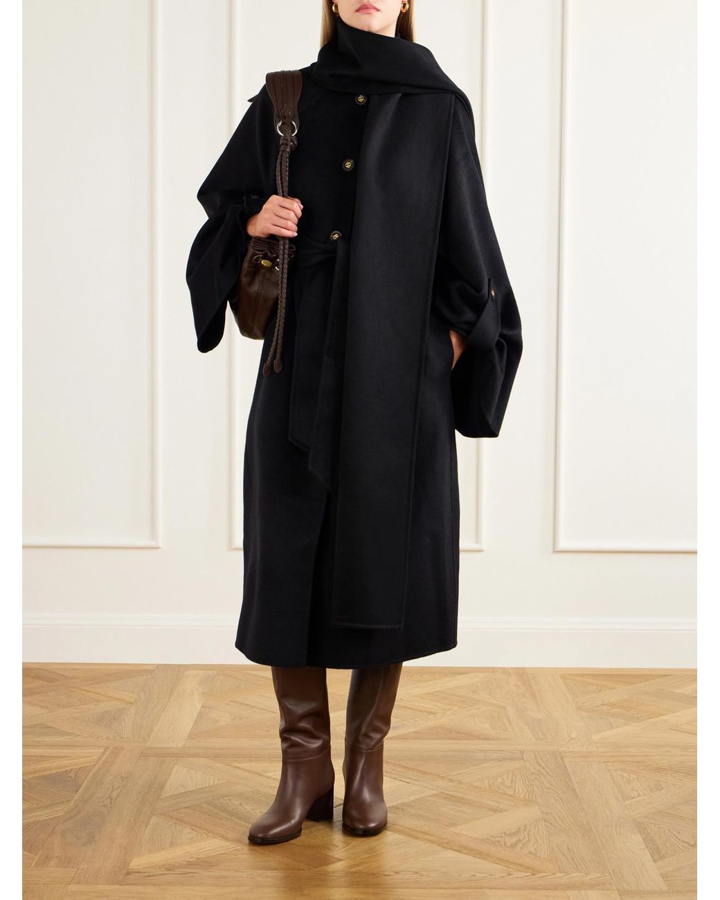 Zimmermann Black Valiant Scarf-Detailed Wool-Blend Coat