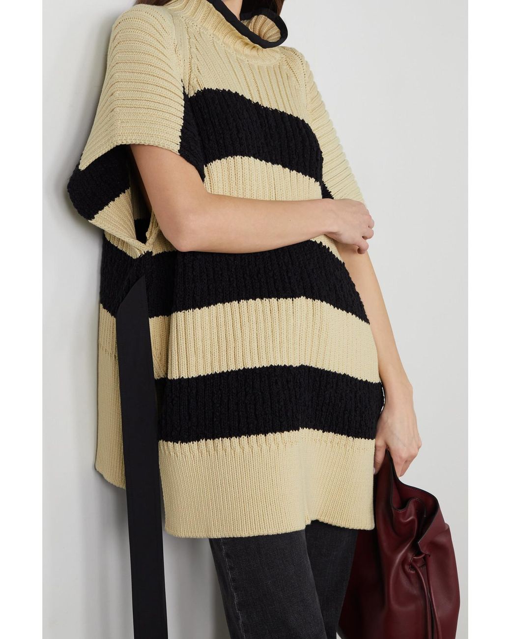 Moncler Genius White Belted Striped Ribbed Cotton-blend Poncho