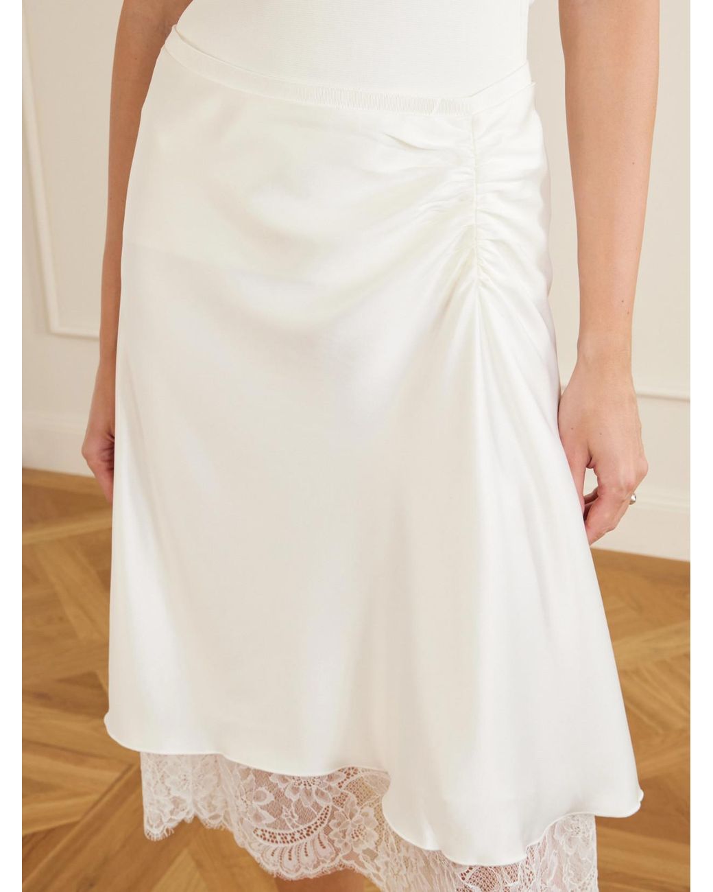 Sir White Ingrid Layered Gathered Lace-Trimmed Satin Midi Skirt