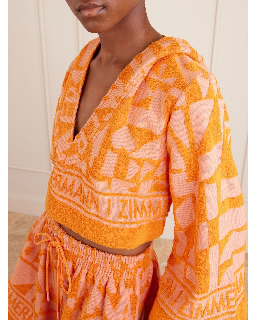 Zimmermann Orange Solstice Hooded Cropped Jacquard-Knit Cotton-Terry Top