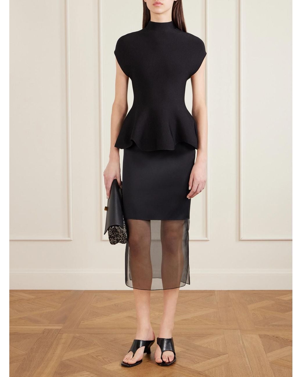 Khaite Black Sybil Layered Frayed Satin-Crepe And Organza Midi Skirt
