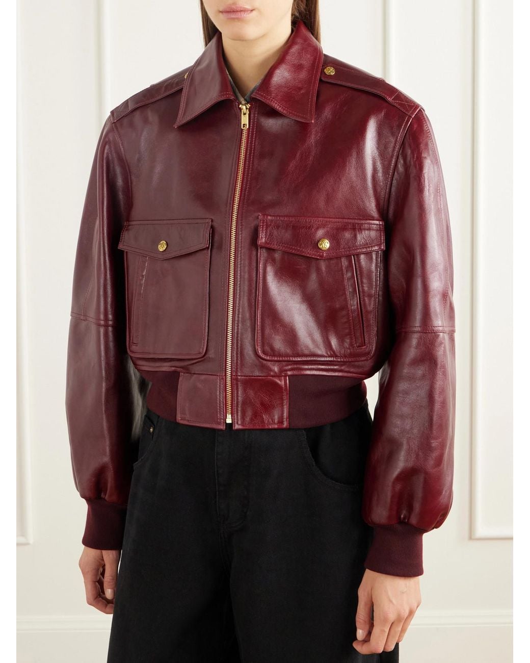 Willy Chavarria Red Cropped Leather Bomber Jacket