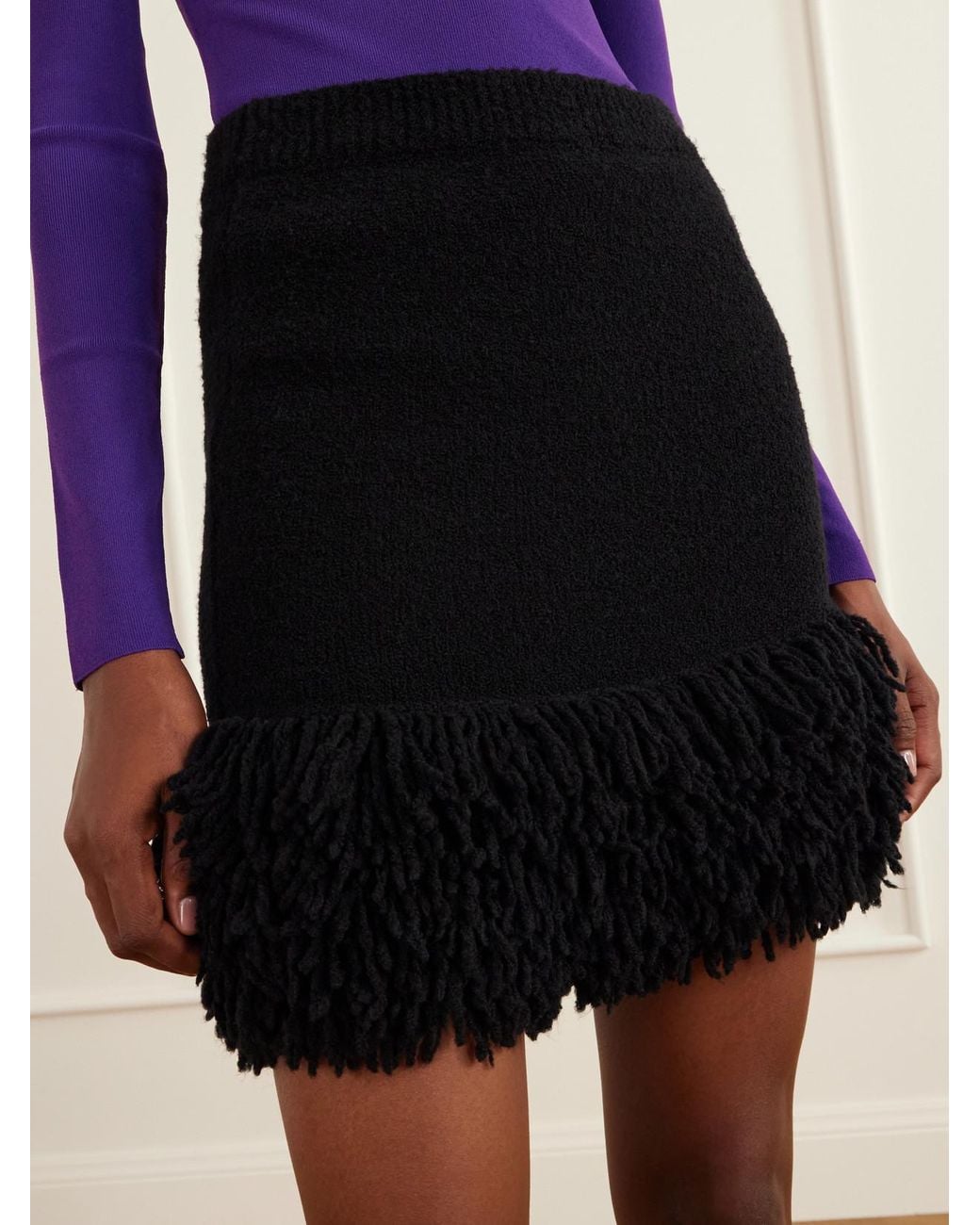 Loewe Black Fringed Wool-Blend Mini Skirt