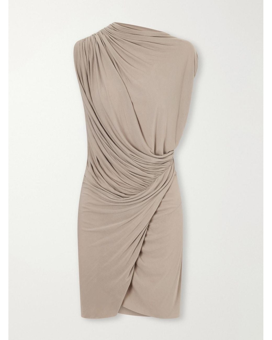 Rick Owens Natural Ares Asymmetric Draped Gathered Stretch-Jersey Mini Dress
