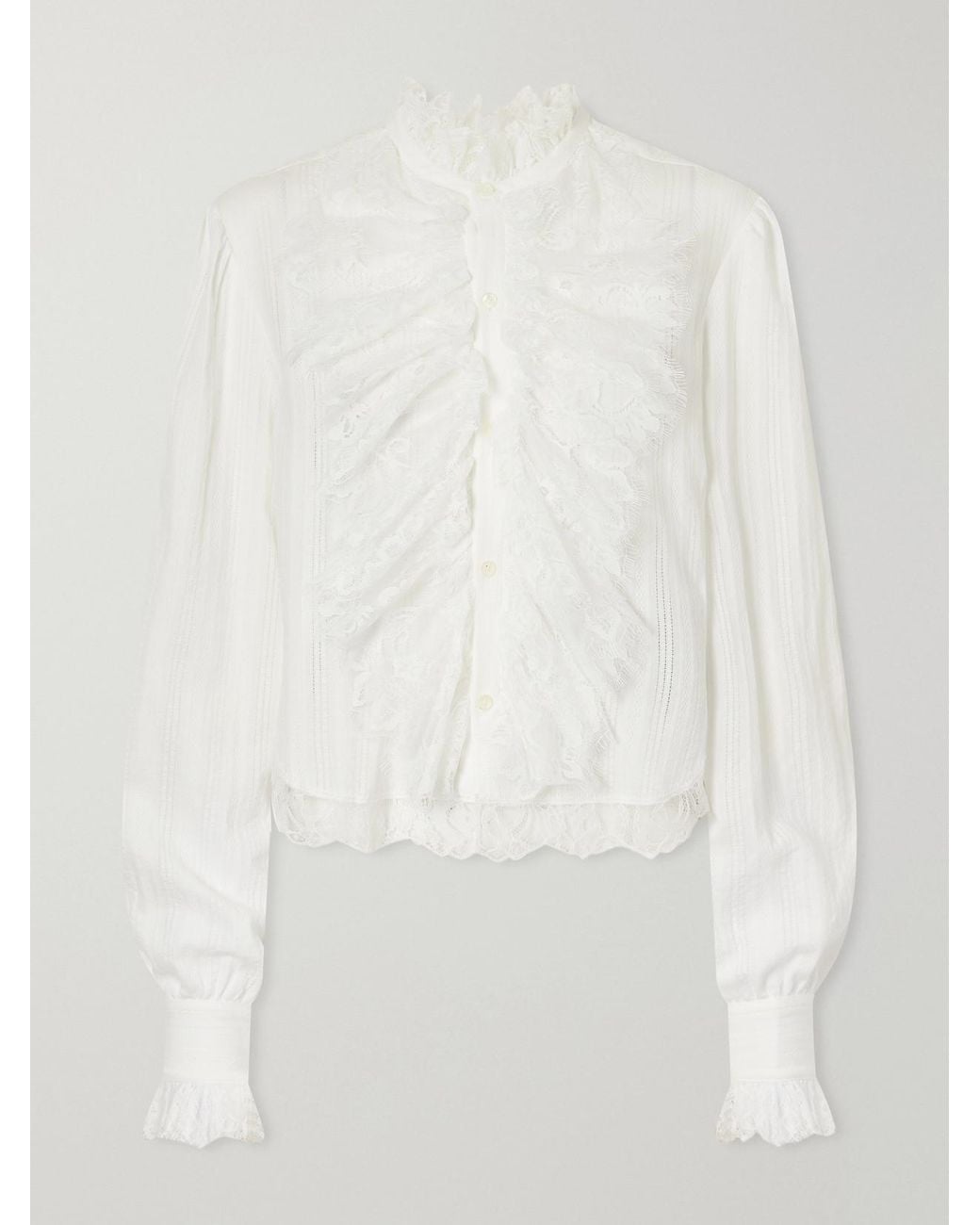 Ann Demeulemeester White Freda Cropped Ruffled Lace-Trimmed Openwork Cotton-Jacquard Blouse