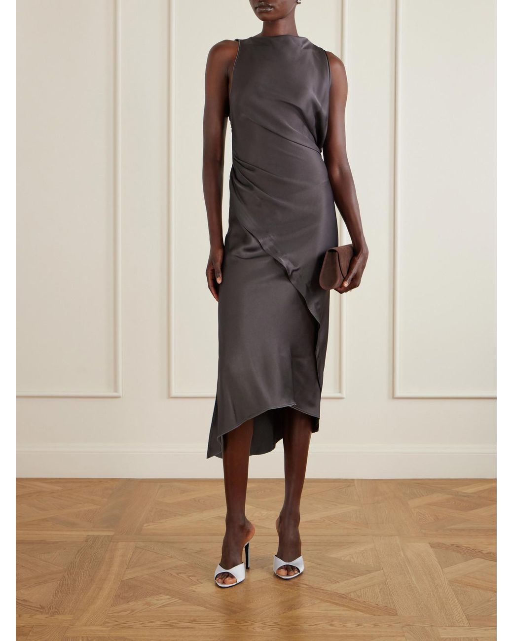 Victoria Beckham Brown Draped Satin Midi Dress