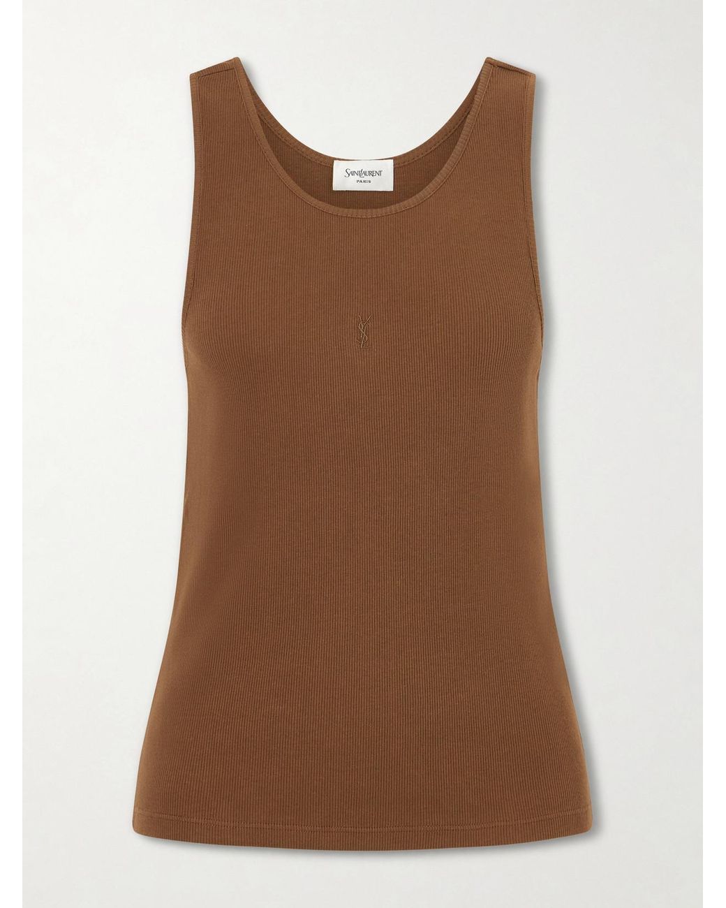 Saint Laurent Brown Cassandre Embroidered Ribbed Cotton-Jersey Tank