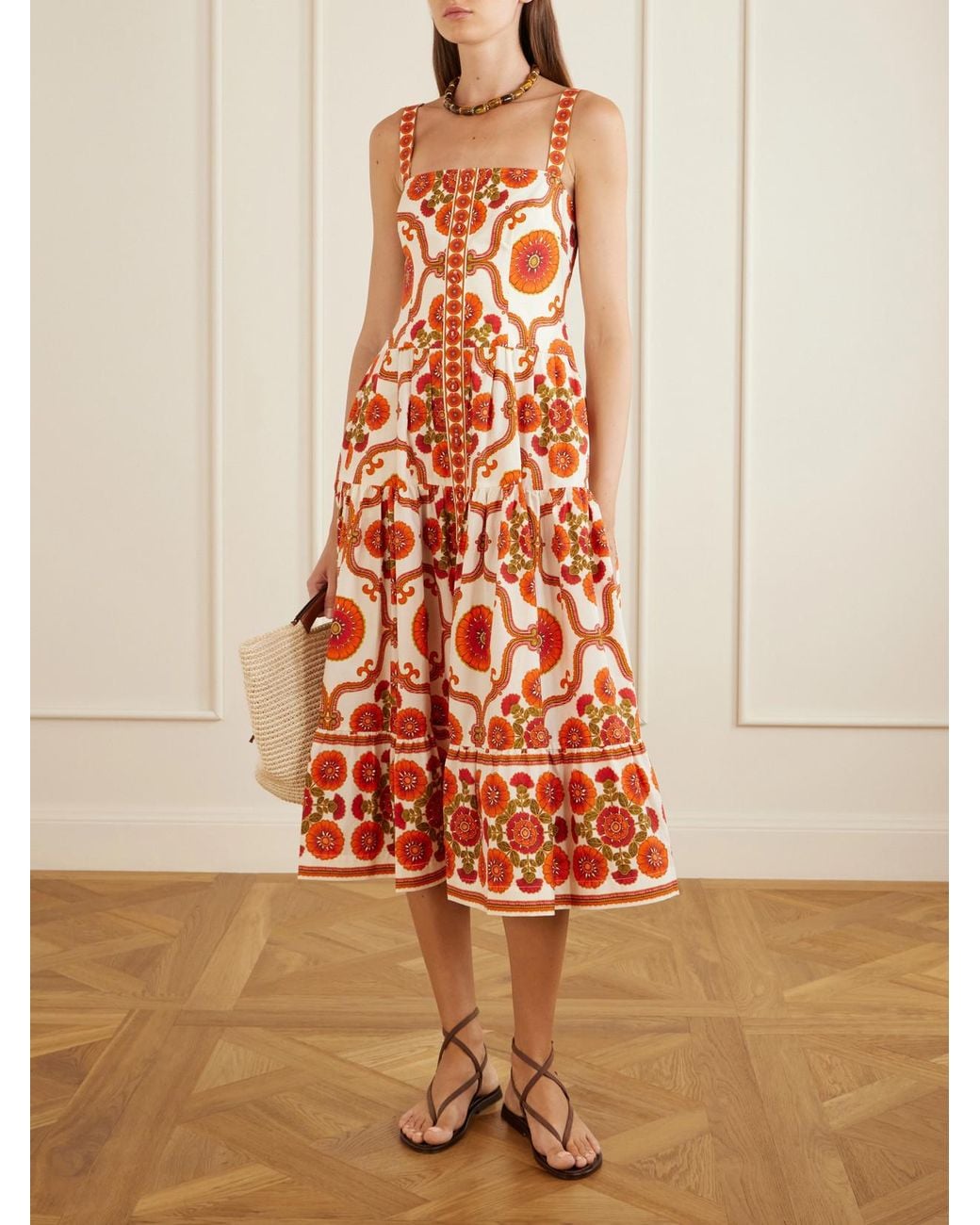 Cara Cara White Margarita Tiered Floral-Print Cotton-Poplin Midi Dress