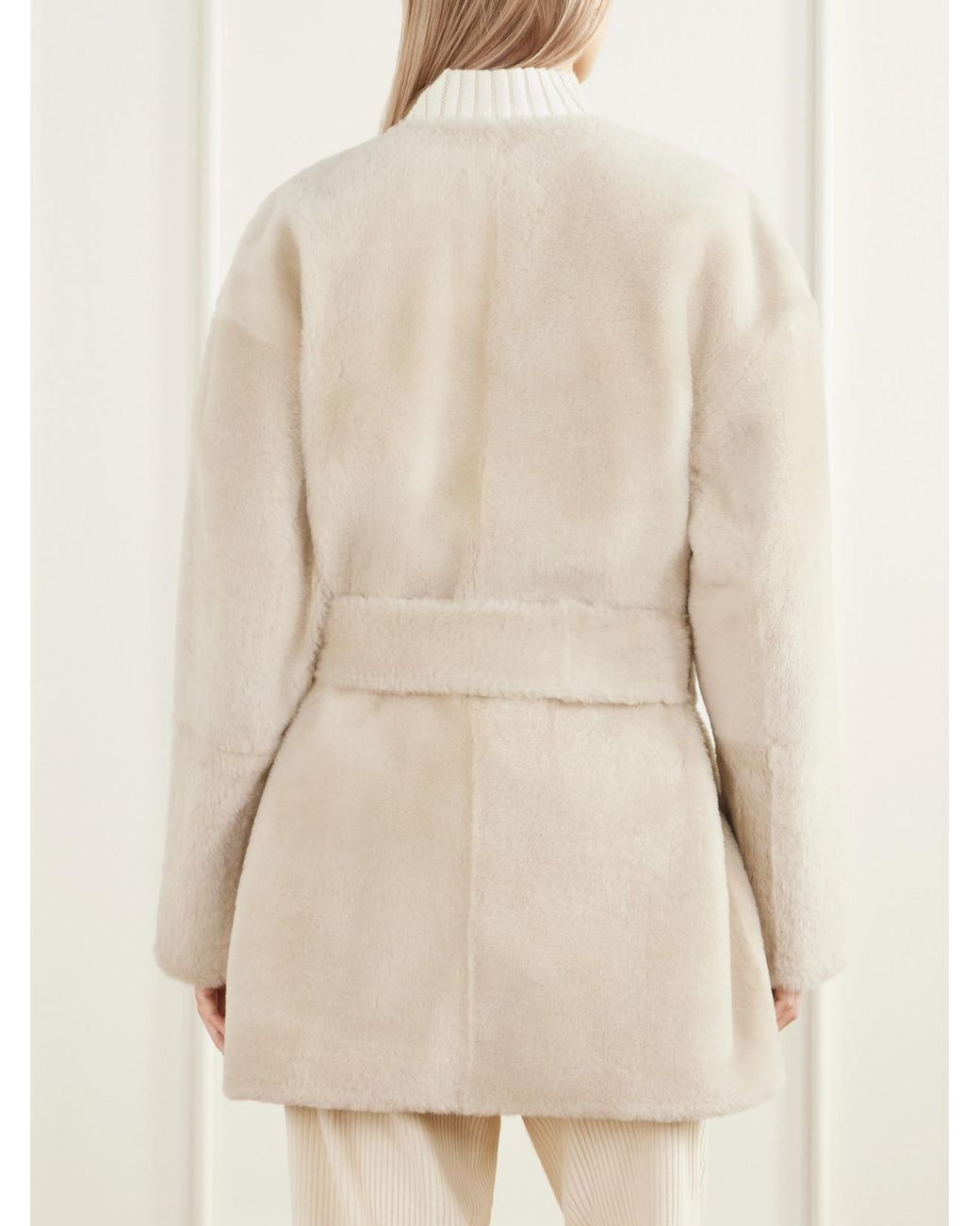 Almala Natural Sasha Collarless Belted Shearling Coat