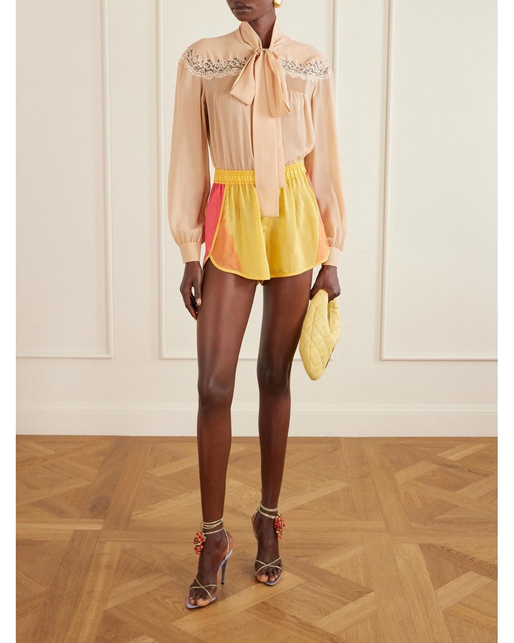 Saint Laurent Yellow Color-Block Satin Shorts