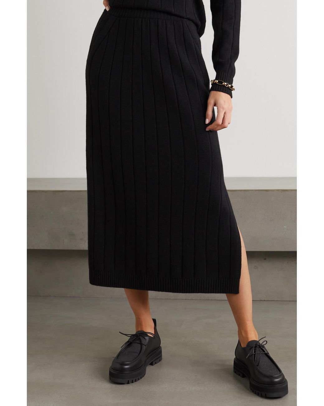 Loro Piana Black Duca D'Aosta Ribbed Cashmere Midi Skirt