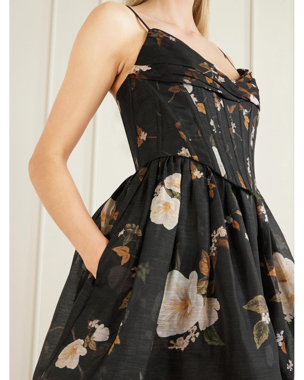 Zimmermann Black Valiant Floral-Print Linen And Silk-Blend Corset Mini Dress