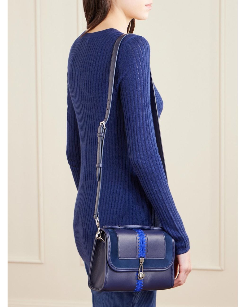 Gabriela Hearst Blue Leonora Small Crochet-Knit And Suede-Trimmed Leather Top-Handle Bag